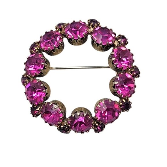 Purple & Pink Rhinestone Brooch Large Prong Set Stones Gold Tone Vintage - Picture 3 of 7